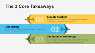 The 3 Core Takeaways
01
02
03
Security Practices
Security practices have evolved a lot, but overall there has not been a
clear downward trend in vulnerabilities being fixed.
Data Science
Data science will completely change the way security is going to look in
the future resulting in a paradigm shift.
The Future of DevSecOps
Will be a very bright one. Smart, all-in-one security testing technologies,
that are tightly integrated into developer workflows will provide
continuous verification, auto-fixing and be available to everyone.
 