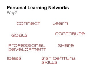 Personal Learning Networks
Why?

    Connect        learn


 goals              contribute


professional         share
development

ideas         21st century
              skills
 