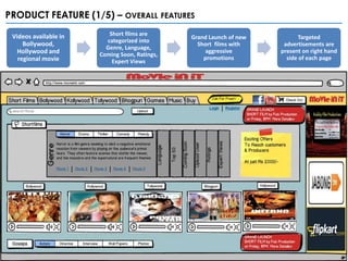 PRODUCT FEATURE (1/5) – OVERALL FEATURES

 Videos available in      Short films are
                                               Grand Launch of new         Targeted
                         categorized into
     Bollywood,                                  Short films with     advertisements are
                         Genre, Language,
   Hollywood and       Coming Soon, Ratings,
                                                    aggressive       present on right hand
   regional movie                                  promotions          side of each page
                           Expert Views
 
