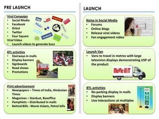 PRE LAUNCH                                      LAUNCH
 Viral Campaign
 • Social Media                                 Noise in Social Media
 • Facebook                                     • Forums
 • Orkut                                        • Online blogs
 • Twitter                                      • Release viral videos
 • Four Square                                  • Fan engagement video
 Viral Video
 • Launch videos to generate buzz

 BTL activities                                 Launch Van
 • Stairways in malls                           • Vans to travel in metros with large
 • Display banners                                 television displays demonstrating USP of
 • Signboards                                      the product
 • Road shows
 • Promotions



 Print advertisement                            BTL activities
 • Newspapers – Times of India, Hindustan
                                                • No parking display in malls
     Times
                                                • Display banners
 • Magazines – Stardust, Boxoffice
 • Pamphlets – Distributed in malls             • Live interactions at multiplex
 • Behind Bills - Movie tickets, Petrol bills
 