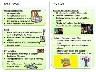 FAST TRACK                                    INVOLVE

Multiplex activations                         Interact with artists, director
• Kiosks at malls                             • Live interactions at fixed time slots
• Pamphlet distribution                       • “Behind the scenes” stories
• On-the-spot events in malls                 • Exclusive interactions with short film
• Live demos of the product                       artists
• Attractive offers and discounts             • “Lucky fan” to have face to face
                                                  interactions with celebrities
Radio
• Jingle contests in popular radio stations
   such as Big FM, Radio Mirchi
• Best fan contest for uploading funny        Exclusive Premier of short films
   videos                                     • Movies would be telecast at fixed time
• Advertisements of 10 seconds during            slots
   popular shows                              • “Creating Buzz” - two weeks before
                                                 release
BTL activities                                • Interviews by actors and director
• Multiplexes - Hoardings & Danglers          • Feedbacks from movie buffs and critics
   Posters on Elevators
• Transport Stations - Bus stops & Railway
   stations
• Cabvertisements - Fast track, Merucabs
   & Quick cabs
 