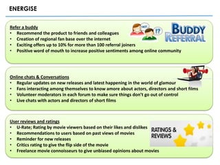 ENERGISE

Refer a buddy
• Recommend the product to friends and colleagues
• Creation of regional fan base over the internet
• Exciting offers up to 10% for more than 100 referral joiners
• Positive word of mouth to increase positive sentiments among online community




Online chats & Conversations
• Regular updates on new releases and latest happening in the world of glamour
• Fans interacting among themselves to know amore about actors, directors and short films
• Volunteer moderators in each forum to make sure things don’t go out of control
• Live chats with actors and directors of short films



User reviews and ratings
• U-Rate; Rating by movie viewers based on their likes and dislikes
• Recommendations to users based on past views of movies
• Reminder for new releases
• Critics rating to give the flip side of the movie
• Freelance movie connoisseurs to give unbiased opinions about movies
 