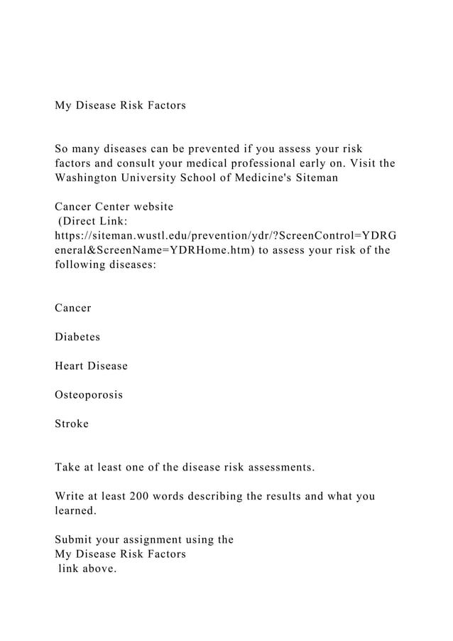 My Disease Risk FactorsSo many diseases can be prevented i.docx