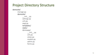12
Project Directory Structure
demosite/
manage.py.
demosite/
__init__.py
settings.py
urls.py
wsgi.py
templates/
static/
demoapp/
__init__.py
urls.py
views.py
models.py
admin.py
forms.py
 