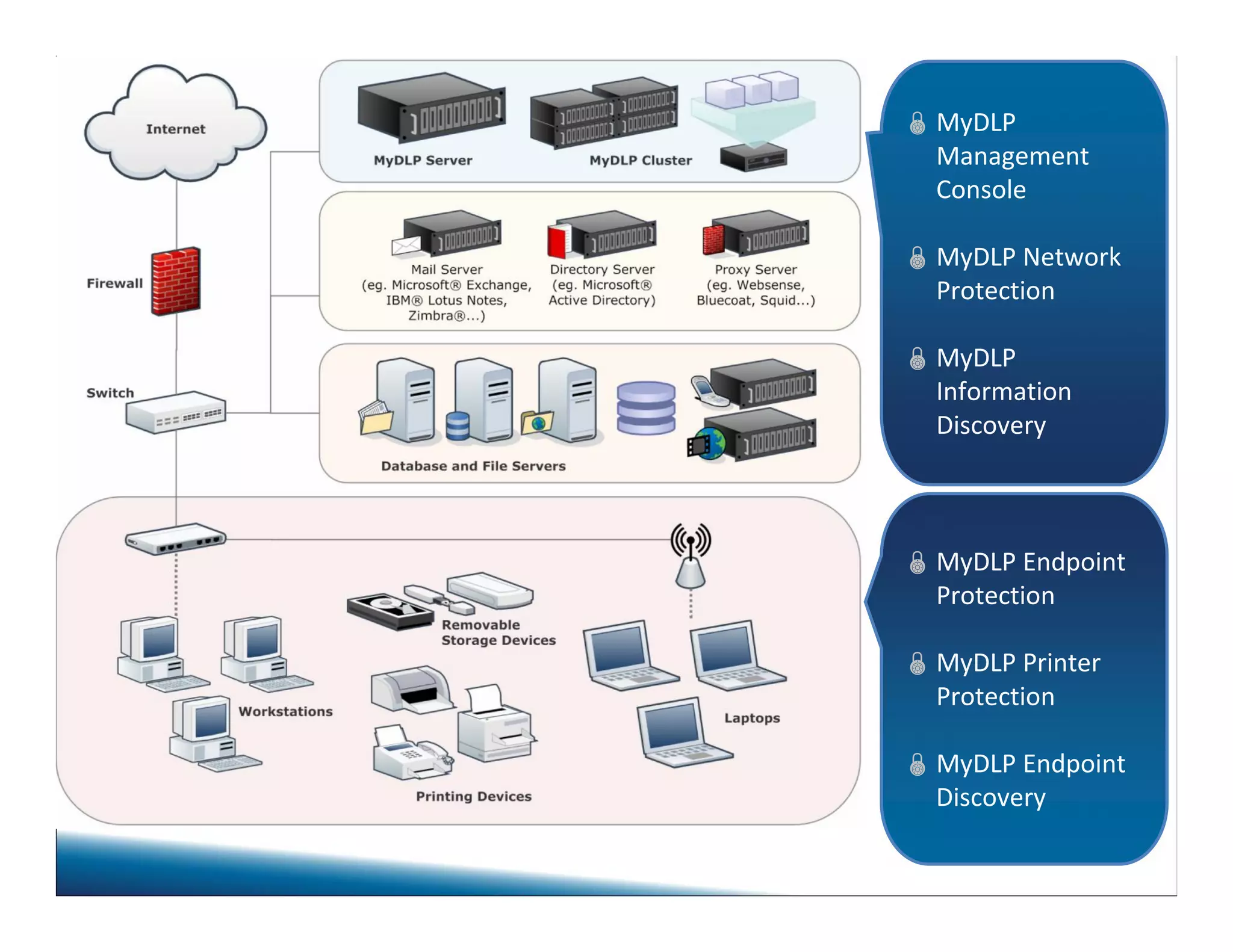  MyDLP 
Management 
Console 
 MyDLP Network 
Protection 
 MyDLP 
Information 
Discovery 
 MyDLP Endpoint 
Protection 
 MyDLP Printer 
Protection 
 MyDLP Endpoint 
Discovery 
 