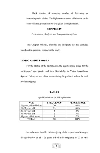 Rank consists of arranging number of decreasing or

      increasing order of size. The highest occurrences of behavior or the

      class with the greater number was given the highest rank.

                             CHAPTER IV

            Presentation, Analysis and Interpretation of Data



      This Chapter presents, analyzes and interprets the data gathered

based on the questions posited in the study.



DEMOGRAPHIC PROFILE

      For the profile of the respondents, the questionnaire asked for the

participants’ age, gender and their Knowledge in Video Surveillance

System. Below are the tables summarizing the gathered values for each

profile category:



                                TABLE 1

                    Age Distribution of 50 Respondents

         AGE                 FREQUENCY               PERCENTAGE
21 years old and below           20                      40%
21-25 years old                  23                      46%
26-30 years old                   4                       8%
31-35 years old                   2                       4%
35 years old & above              1                       2%
       TOTAL                     50                     100%




      It can be seen in table 1 that majority of the respondents belong to

the age bracket of 21 – 25 years old with the frequency of 23 or 46%


                                       7
 