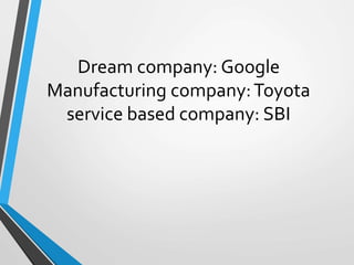 Dream company: Google
Manufacturing company:Toyota
service based company: SBI
 
