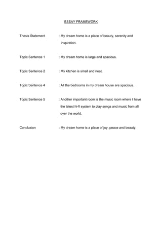 ESSAY FRAMEWORK
Thesis Statement : My dream home is a place of beauty, serenity and
inspiration.
Topic Sentence 1 : My dream home is large and spacious.
Topic Sentence 2 : My kitchen is small and neat.
Topic Sentence 4 : All the bedrooms in my dream house are spacious.
Topic Sentence 5 : Another important room is the music room where I have
the latest hi-fi system to play songs and music from all
over the world.
Conclusion : My dream home is a place of joy, peace and beauty.
 