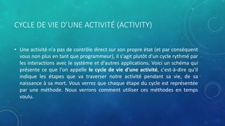 CYCLE DE VIE D’UNE ACTIVITÉ (ACTIVITY)
• Une activité n'a pas de contrôle direct sur son propre état (et par conséquent
vous non plus en tant que programmeur), il s'agit plutôt d'un cycle rythmé par
les interactions avec le système et d'autres applications. Voici un schéma qui
présente ce que l'on appelle le cycle de vie d'une activité, c'est-à-dire qu'il
indique les étapes que va traverser notre activité pendant sa vie, de sa
naissance à sa mort. Vous verrez que chaque étape du cycle est représentée
par une méthode. Nous verrons comment utiliser ces méthodes en temps
voulu.
 