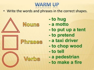 • Write the words and phrases in the correct shapes.

                            - to hug
                            - a motto
                            - to put up a tent
                            - to pretend
                            - a taxi driver
                            - to chop wood
                            - to tell
                            - a pedestrian
                            - to make a fire
 