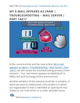 Page 1 of 21 | My E-mail appears as spam | Troubleshooting - Mail server | Part 14#17
Written by Eyal Doron | o365info.com
MY E-MAIL APPEARS AS SPAM |
TROUBLESHOOTING – MAIL SERVER |
PART 14#17
In the current article and the next article: My E-mail
appears as spam | Troubleshooting – Mail server | Part
15#17, we will review the troubleshooting process of the
scenario – “our mail server appears as blacklisted” in
Office 365 and Exchange Online environment
Another variation of this scenario could be: a scenario, in
which we want to understand, if the problem in which
our organization E-mail is identified as spamjunk mail
relates to our mail server or to other possible issues.
 