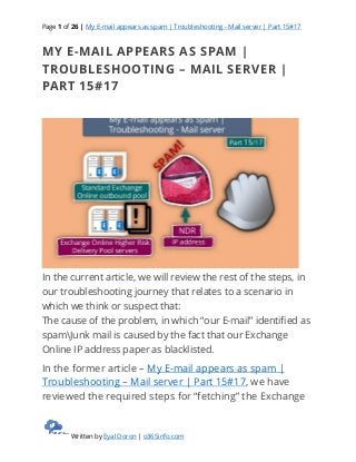 Page 1 of 26 | My E-mail appears as spam | Troubleshooting - Mail server | Part 15#17
Written by Eyal Doron | o365info.com
MY E-MAIL APPEARS AS SPAM |
TROUBLESHOOTING – MAIL SERVER |
PART 15#17
In the current article, we will review the rest of the steps, in
our troubleshooting journey that relates to a scenario in
which we think or suspect that:
The cause of the problem, in which “our E-mail” identified as
spamJunk mail is caused by the fact that our Exchange
Online IP address paper as blacklisted.
In the former article – My E-mail appears as spam |
Troubleshooting – Mail server | Part 15#17, we have
reviewed the required steps for “fetching” the Exchange
 