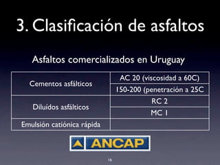 3. Clasiﬁcación de asfaltos
Asfaltos comercializados en Uruguay
16
Cementos asfálticos
AC 20 (viscosidad a 60C)
Cementos asfálticos
150-200 (penetración a 25C
Diluídos asfálticos
RC 2
Diluídos asfálticos
MC 1
Emulsión catiónica rápida
 