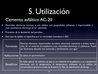5. Utilización
Cemento asfáltico AC-20
• Materiales altamente viscosos o casi sólidos, con propiedades adhesivas e impermeables y
cuya consistencia disminuye al ser calentado.
• Provienen de la destilación del petróleo.
• Este tipo de asfalto se especiﬁca por su viscosidad cinemática a 60C.
34
Funciones
Material altamente impermeable, duradero, altamente resistente a ácidos, bases y
sales. Es un material termoplástico, cuya viscosidad disminuye al calentarse. Puede
ser fácilmente disuelto con solventes y emulsionado con agua
Aplicaciones Se aplica en pavimentación
Beneﬁcios
Se debe aplicar en caliente, ya que es un material termoplástico, y su consistencia
disminuye con la temperatura. A temperatura ambiente es un sólido. Se
comercializa a granel a través de la planta La Teja de distribución de Ancap
 