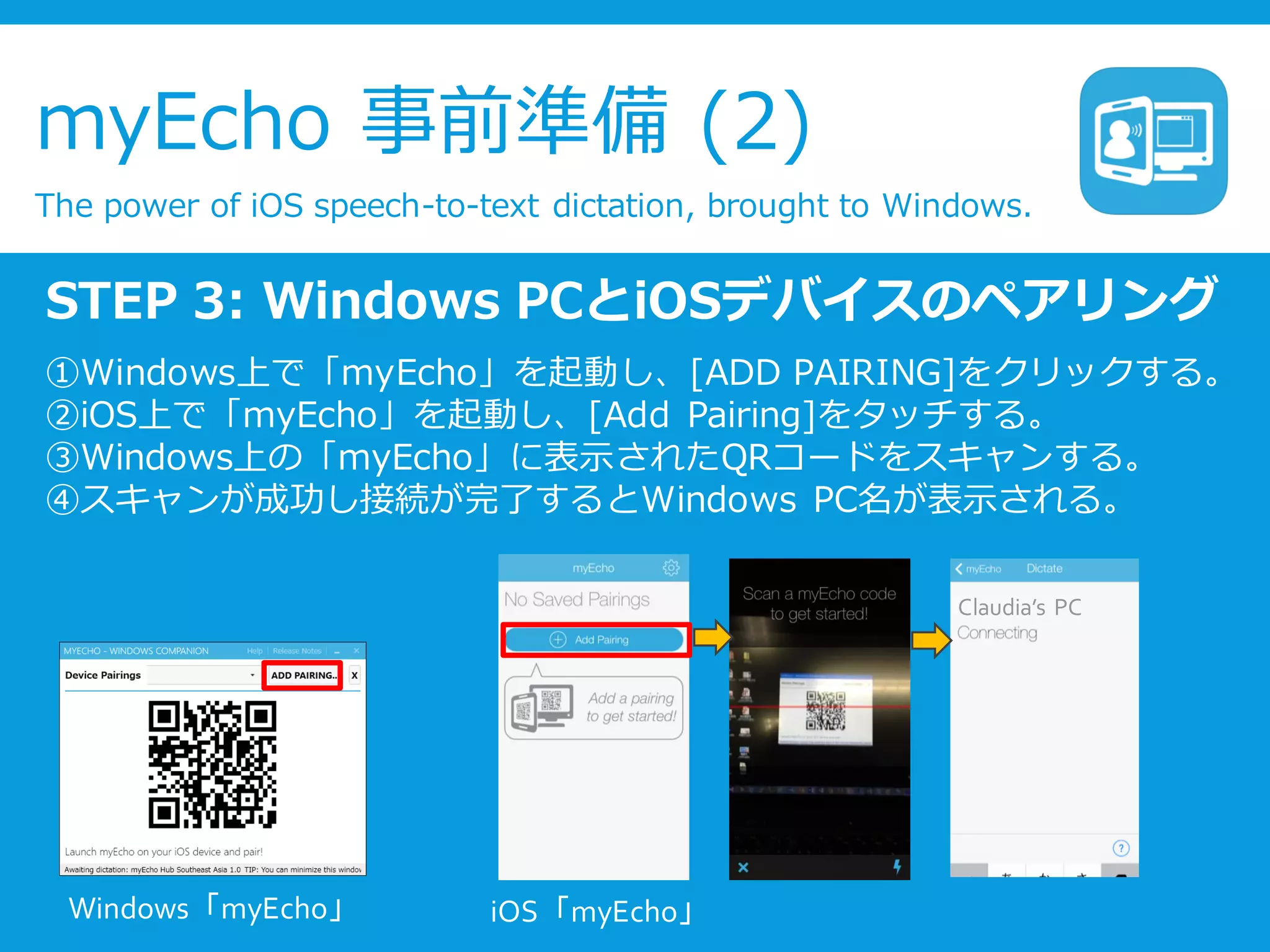 myEcho 事前準備 (2)
The power of iOS speech-to-text dictation, brought to Windows.
STEP 3: Windows PCとiOSデバイスのペアリング
①Windows上で「myEcho」を起動し、[ADD PAIRING]をクリックする。
②iOS上で「myEcho」を起動し、[Add Pairing]をタッチする。
③Windows上の「myEcho」に表示されたQRコードをスキャンする。
④スキャンが成功し接続が完了するとWindows PC名が表示される。
Claudia’s PC
Windows「myEcho」 iOS「myEcho」
 