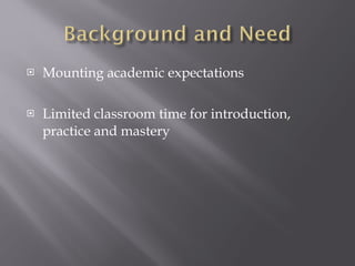Mounting academic expectations Limited classroom time for introduction, practice and mastery 