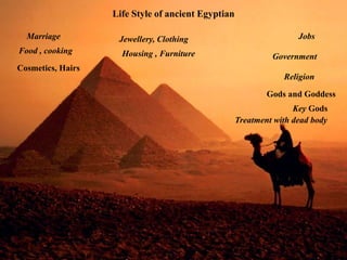 Life Style of ancient Egyptian
Marriage
Food , cooking
Cosmetics, Hairs
Jewellery, Clothing
Housing , Furniture
Jobs
Gover...