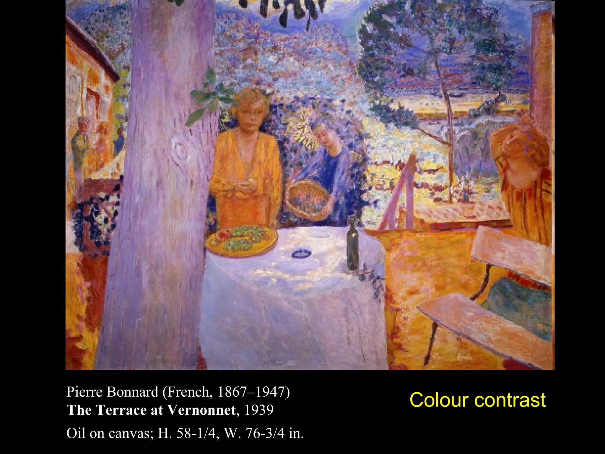 Pierre Bonnard (French, 1867–1947)
The Terrace at Vernonnet, 1939
Oil on canvas; H. 58-1/4, W. 76-3/4 in.

Colour contrast

 