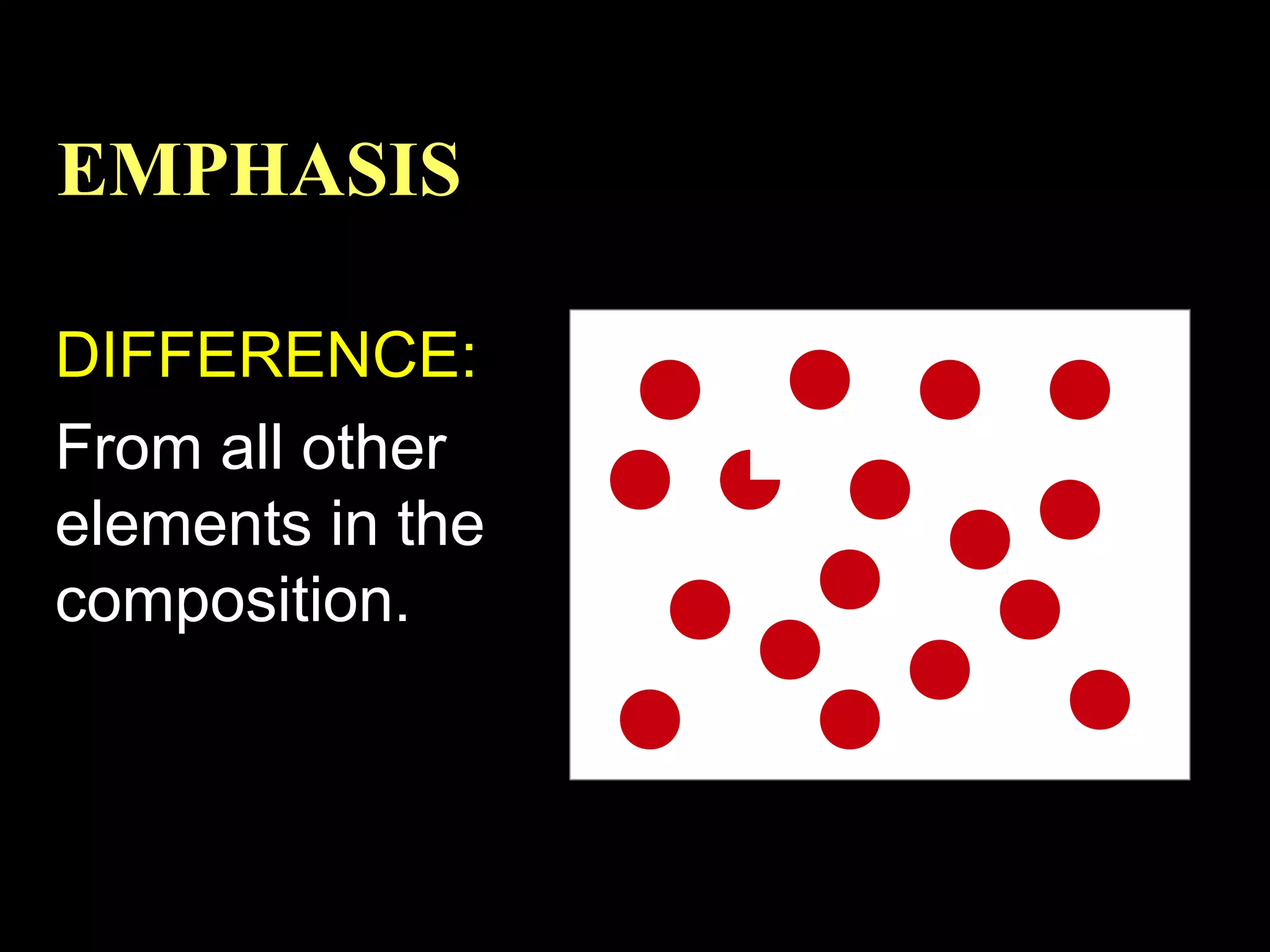 EMPHASIS
DIFFERENCE:
From all other
elements in the
composition.

 