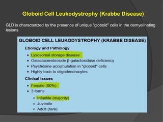 Globoid Cell Leukodystrophy (Krabbe Disease)
GLD is characterized by the presence of unique "globoid" cells in the demyelinating
lesions.
 