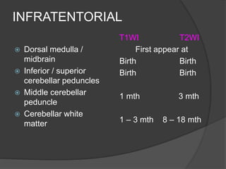 INFRATENTORIAL
 Dorsal medulla /
midbrain
 Inferior / superior
cerebellar peduncles
 Middle cerebellar
peduncle
 Cerebellar white
matter
T1WI T2WI
First appear at
Birth Birth
Birth Birth
1 mth 3 mth
1 – 3 mth 8 – 18 mth
 