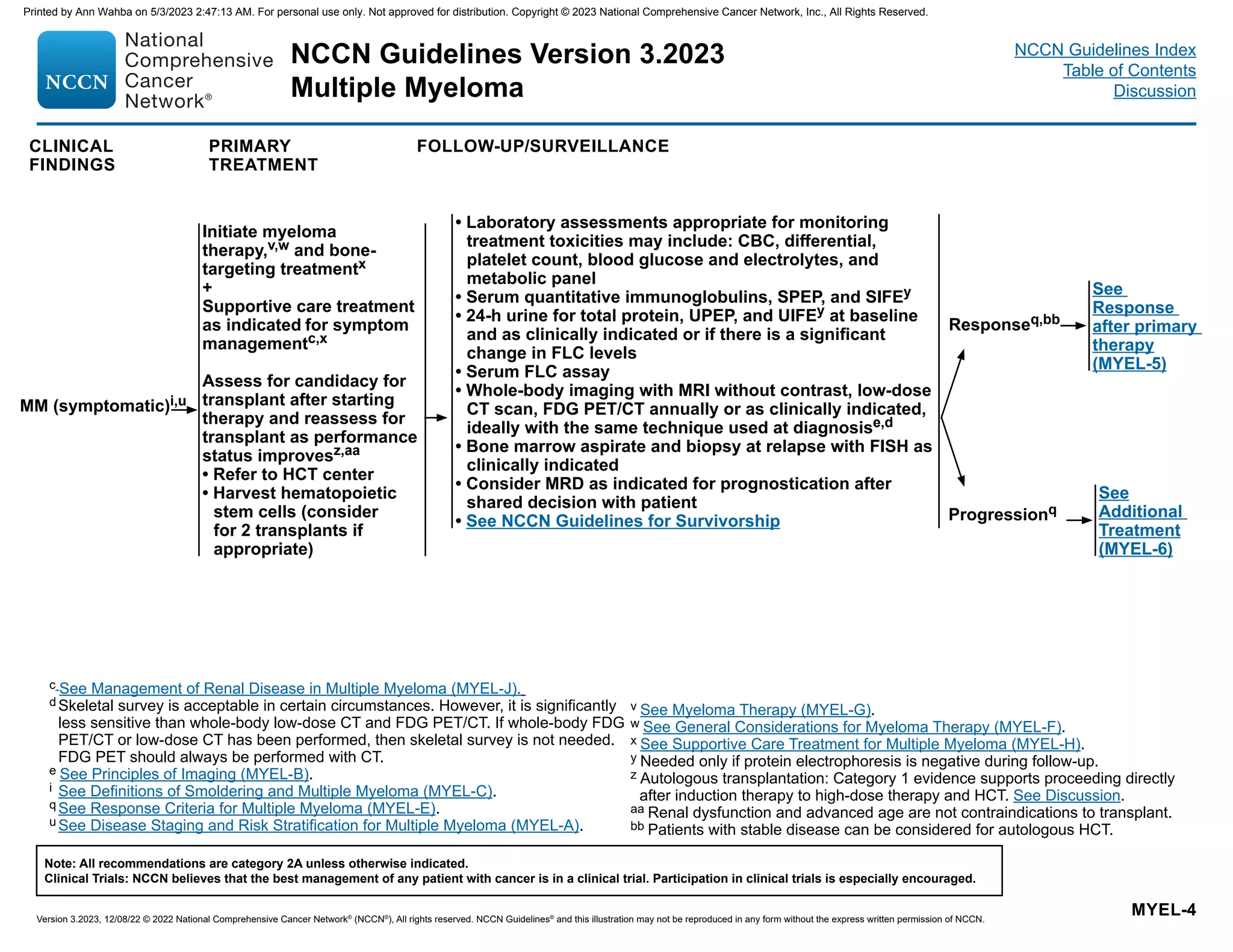 NCCN Guidelines Version 3.2023
Multiple Myeloma
Version 3.2023, 12/08/22 © 2022 National Comprehensive Cancer Network®
(NCCN®
), All rights reserved. NCCN Guidelines®
and this illustration may not be reproduced in any form without the express written permission of NCCN.
Note: All recommendations are category 2A unless otherwise indicated.
Clinical Trials: NCCN believes that the best management of any patient with cancer is in a clinical trial. Participation in clinical trials is especially encouraged.
NCCN Guidelines Index
Table of Contents
Discussion
See
Response
after primary
therapy
(MYEL-5)
See
Additional
Treatment
(MYEL-6)
MM (symptomatic)i,u
Initiate myeloma
therapy,v,w and bone-
targeting treatmentx
+
Supportive care treatment
as indicated for symptom
managementc,x
Assess for candidacy for
transplant after starting
therapy and reassess for
transplant as performance
status improvesz,aa
• Refer to HCT center
• Harvest hematopoietic
stem cells (consider
for 2 transplants if
appropriate)
Responseq,bb
Progressionq
• Laboratory assessments appropriate for monitoring
treatment toxicities may include: CBC, differential,
platelet count, blood glucose and electrolytes, and
metabolic panel
• Serum quantitative immunoglobulins, SPEP, and SIFEy
• 24-h urine for total protein, UPEP, and UIFEy at baseline
and as clinically indicated or if there is a significant
change in FLC levels
• Serum FLC assay
• Whole-body imaging with MRI without contrast, low-dose
CT scan, FDG PET/CT annually or as clinically indicated,
ideally with the same technique used at diagnosise,d
• Bone marrow aspirate and biopsy at relapse with FISH as
clinically indicated
• Consider MRD as indicated for prognostication after
shared decision with patient
• See NCCN Guidelines for Survivorship
PRIMARY
TREATMENT
FOLLOW-UP/SURVEILLANCE
CLINICAL
FINDINGS
MYEL-4
c See Management of Renal Disease in Multiple Myeloma (MYEL-J).
d Skeletal survey is acceptable in certain circumstances. However, it is significantly
less sensitive than whole-body low-dose CT and FDG PET/CT. If whole-body FDG
PET/CT or low-dose CT has been performed, then skeletal survey is not needed.
FDG PET should always be performed with CT.
e See Principles of Imaging (MYEL-B).
i See Definitions of Smoldering and Multiple Myeloma (MYEL-C).
q See Response Criteria for Multiple Myeloma (MYEL-E).
u See Disease Staging and Risk Stratification for Multiple Myeloma (MYEL-A).
v See Myeloma Therapy (MYEL-G).
w See General Considerations for Myeloma Therapy (MYEL-F).
x See Supportive Care Treatment for Multiple Myeloma (MYEL-H).
y Needed only if protein electrophoresis is negative during follow-up.
z Autologous transplantation: Category 1 evidence supports proceeding directly
after induction therapy to high-dose therapy and HCT. See Discussion.
aa Renal dysfunction and advanced age are not contraindications to transplant.
bb Patients with stable disease can be considered for autologous HCT.
Printed by Ann Wahba on 5/3/2023 2:47:13 AM. For personal use only. Not approved for distribution. Copyright © 2023 National Comprehensive Cancer Network, Inc., All Rights Reserved.
 