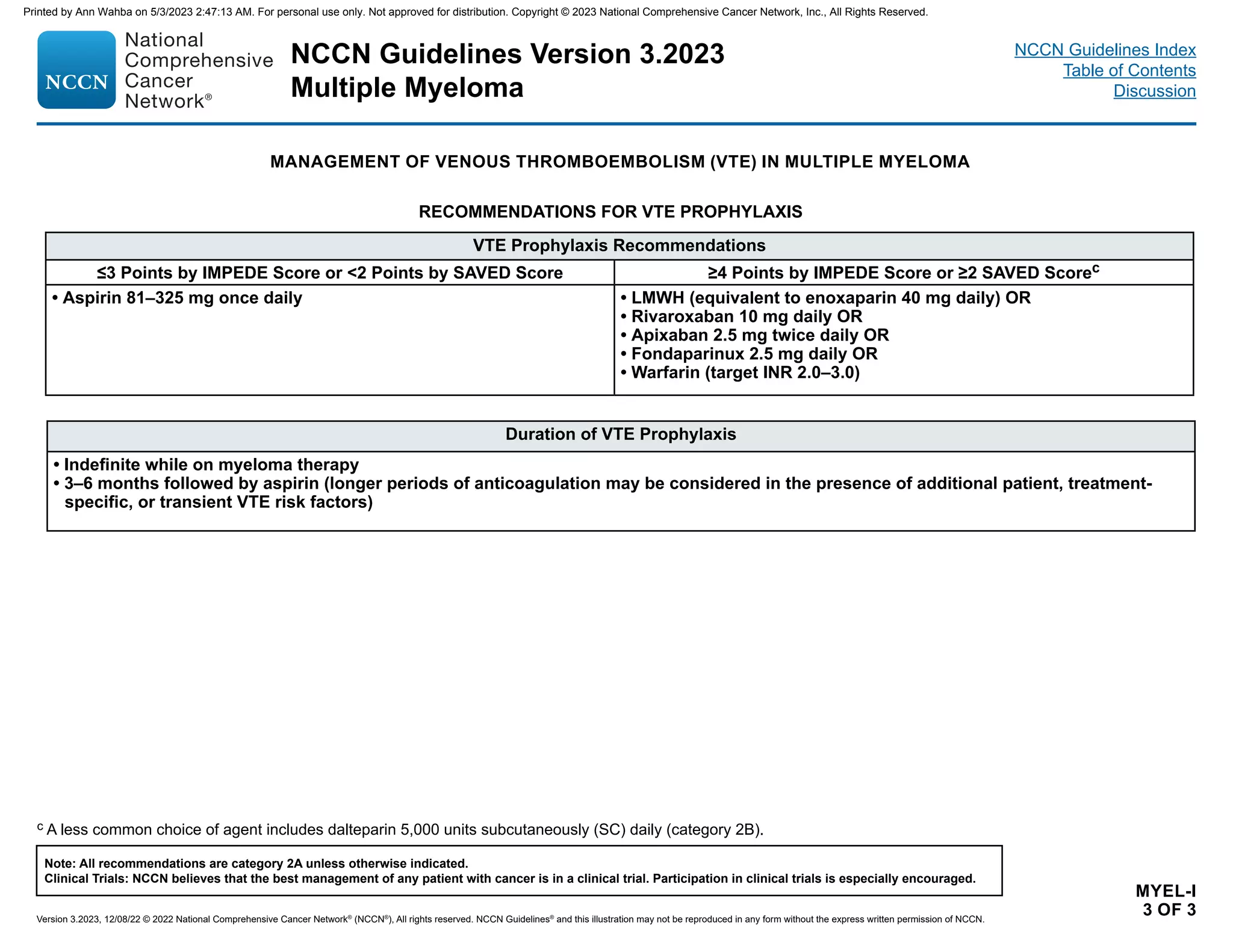 NCCN Guidelines Version 3.2023
Multiple Myeloma
Version 3.2023, 12/08/22 © 2022 National Comprehensive Cancer Network®
(NCCN®
), All rights reserved. NCCN Guidelines®
and this illustration may not be reproduced in any form without the express written permission of NCCN.
Note: All recommendations are category 2A unless otherwise indicated.
Clinical Trials: NCCN believes that the best management of any patient with cancer is in a clinical trial. Participation in clinical trials is especially encouraged.
NCCN Guidelines Index
Table of Contents
Discussion
MYEL-I
3 OF 3
VTE Prophylaxis Recommendations
≤3 Points by IMPEDE Score or 2 Points by SAVED Score ≥4 Points by IMPEDE Score or ≥2 SAVED Scorec
• Aspirin 81–325 mg once daily • LMWH (equivalent to enoxaparin 40 mg daily) OR
• Rivaroxaban 10 mg daily OR
• Apixaban 2.5 mg twice daily OR
• Fondaparinux 2.5 mg daily OR
• Warfarin (target INR 2.0–3.0)
Duration of VTE Prophylaxis
• Indefinite while on myeloma therapy
• 3–6 months followed by aspirin (longer periods of anticoagulation may be considered in the presence of additional patient, treatment-
specific, or transient VTE risk factors)
c A less common choice of agent includes dalteparin 5,000 units subcutaneously (SC) daily (category 2B).
RECOMMENDATIONS FOR VTE PROPHYLAXIS
MANAGEMENT OF VENOUS THROMBOEMBOLISM (VTE) IN MULTIPLE MYELOMA
Printed by Ann Wahba on 5/3/2023 2:47:13 AM. For personal use only. Not approved for distribution. Copyright © 2023 National Comprehensive Cancer Network, Inc., All Rights Reserved.
 
