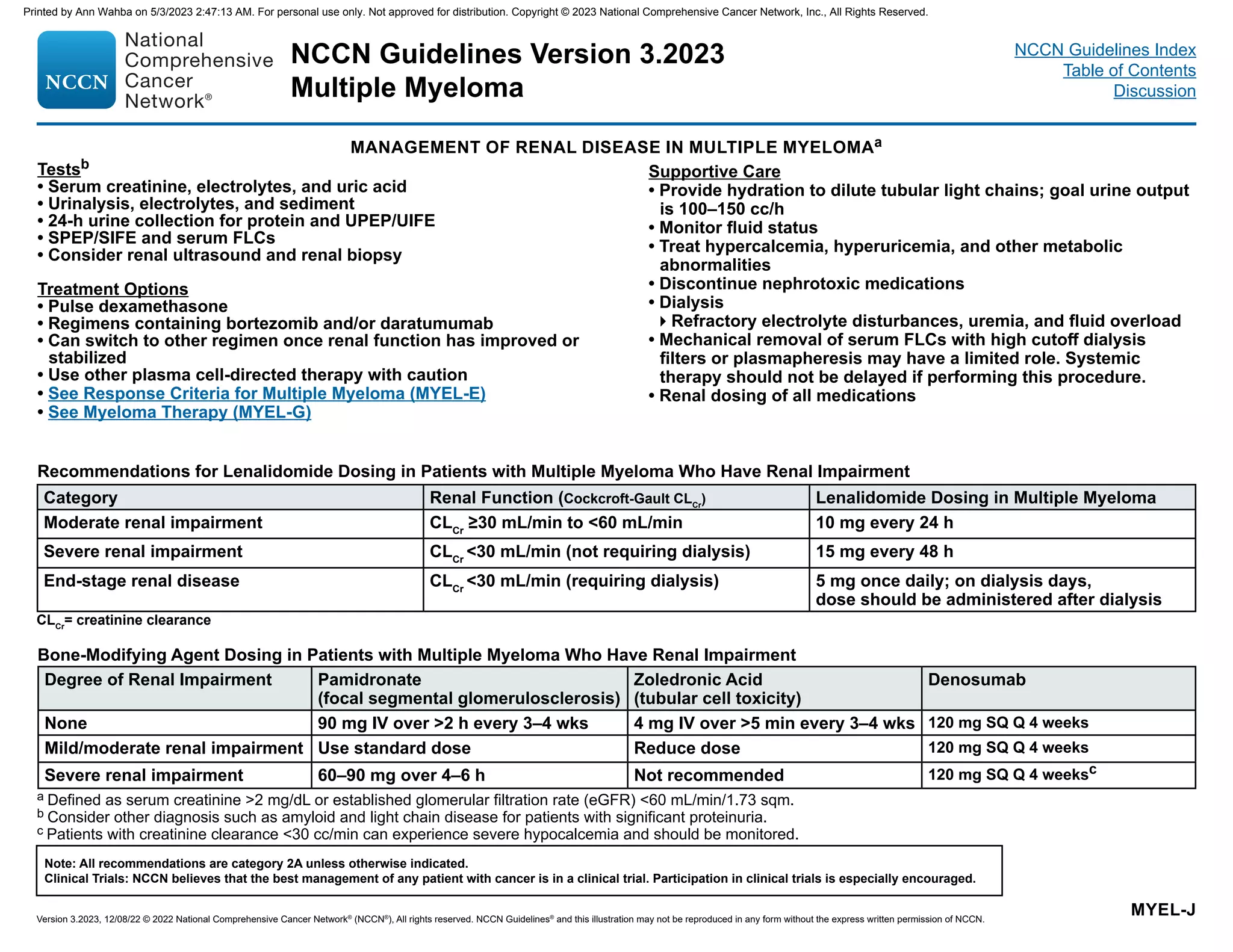 NCCN Guidelines Version 3.2023
Multiple Myeloma
Version 3.2023, 12/08/22 © 2022 National Comprehensive Cancer Network®
(NCCN®
), All rights reserved. NCCN Guidelines®
and this illustration may not be reproduced in any form without the express written permission of NCCN.
Note: All recommendations are category 2A unless otherwise indicated.
Clinical Trials: NCCN believes that the best management of any patient with cancer is in a clinical trial. Participation in clinical trials is especially encouraged.
NCCN Guidelines Index
Table of Contents
Discussion
MANAGEMENT OF RENAL DISEASE IN MULTIPLE MYELOMAa
Testsb
• Serum creatinine, electrolytes, and uric acid
• Urinalysis, electrolytes, and sediment
• 24-h urine collection for protein and UPEP/UIFE
• SPEP/SIFE and serum FLCs
• Consider renal ultrasound and renal biopsy
Treatment Options
• Pulse dexamethasone
• Regimens containing bortezomib and/or daratumumab
• Can switch to other regimen once renal function has improved or
stabilized
• Use other plasma cell-directed therapy with caution
• See Response Criteria for Multiple Myeloma (MYEL-E)
• See Myeloma Therapy (MYEL-G)
MYEL-J
a Defined as serum creatinine 2 mg/dL or established glomerular filtration rate (eGFR) 60 mL/min/1.73 sqm.
b Consider other diagnosis such as amyloid and light chain disease for patients with significant proteinuria.
c Patients with creatinine clearance 30 cc/min can experience severe hypocalcemia and should be monitored.
Recommendations for Lenalidomide Dosing in Patients with Multiple Myeloma Who Have Renal Impairment
Category Renal Function (Cockcroft-Gault CLCr
) Lenalidomide Dosing in Multiple Myeloma
Moderate renal impairment CLCr
≥30 mL/min to 60 mL/min 10 mg every 24 h
Severe renal impairment CLCr
30 mL/min (not requiring dialysis) 15 mg every 48 h
End-stage renal disease CLCr
30 mL/min (requiring dialysis) 5 mg once daily; on dialysis days,
dose should be administered after dialysis
CLCr
= creatinine clearance
Bone-Modifying Agent Dosing in Patients with Multiple Myeloma Who Have Renal Impairment
Degree of Renal Impairment Pamidronate
(focal segmental glomerulosclerosis)
Zoledronic Acid
(tubular cell toxicity)
Denosumab
None 90 mg IV over 2 h every 3–4 wks 4 mg IV over 5 min every 3–4 wks 120 mg SQ Q 4 weeks
Mild/moderate renal impairment Use standard dose Reduce dose 120 mg SQ Q 4 weeks
Severe renal impairment 60–90 mg over 4–6 h Not recommended 120 mg SQ Q 4 weeksc
Supportive Care
• Provide hydration to dilute tubular light chains; goal urine output
is 100–150 cc/h
• Monitor fluid status
• Treat hypercalcemia, hyperuricemia, and other metabolic
abnormalities
• Discontinue nephrotoxic medications
• Dialysis
Refractory electrolyte disturbances, uremia, and fluid overload
• Mechanical removal of serum FLCs with high cutoff dialysis
filters or plasmapheresis may have a limited role. Systemic
therapy should not be delayed if performing this procedure.
• Renal dosing of all medications
Printed by Ann Wahba on 5/3/2023 2:47:13 AM. For personal use only. Not approved for distribution. Copyright © 2023 National Comprehensive Cancer Network, Inc., All Rights Reserved.
 