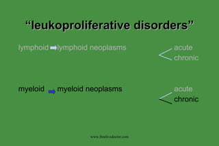 “ leukoproliferative disorders” lymphoid lymphoid neoplasms acute chronic myeloid myeloid neoplasms acute chronic www.freelivedoctor.com 