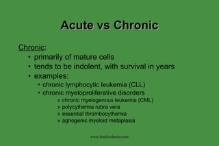 Acute vs Chronic Chronic : primarily of mature cells tends to be indolent, with survival in years examples: chronic lymphocytic leukemia (CLL) chronic myeloproliferative disorders chronic myelogenous leukemia (CML) polycythemia rubra vera essential thrombocythemia agnogenic myeloid metaplasia www.freelivedoctor.com 