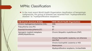 MPNs: Classification
 In the most recent World Health Organization classification of hematologic
malignancies, this group of diseases was renamed from "myeloproliferative
diseases" to "myeloproliferative neoplasms”.
FAB (French-American British) WHO (World Health Organization)
Chronic myelogenous leukemia (CML) CML
Polycythemia vera (PV) PV
Essential thrombocythemia (ET) ET
Agnogenic myeloid metaplasia
(AMM)/Myelofibrosis.
Chronic Idiopathic myelofibrosis (PMF)
Chronic Neutrophilic Leukemia, not otherwise
specified
Chronic Eosinophilic Leukemia or HES
Mastocytosis
Myeloproliferative neoplasms, Unclassifiable
 