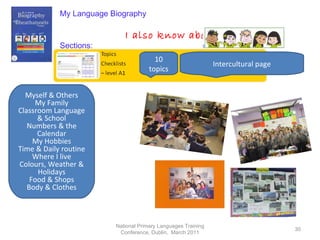 National Primary Languages Training Conference, Dublin,  March 2011 My Language Biography I also know about… Sections: 10 topics Intercultural page Myself & Others My Family Classroom Language & School Numbers & the Calendar My Hobbies Time & Daily routine Where I live Colours, Weather & Holidays Food & Shops Body & Clothes 