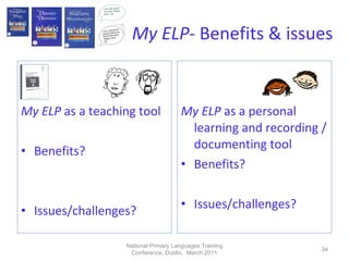My ELP-  Benefits & issues  My ELP  as a teaching tool Benefits? Issues/challenges? My ELP  as a personal learning and recording /documenting tool Benefits? Issues/challenges? National Primary Languages Training Conference, Dublin,  March 2011 
