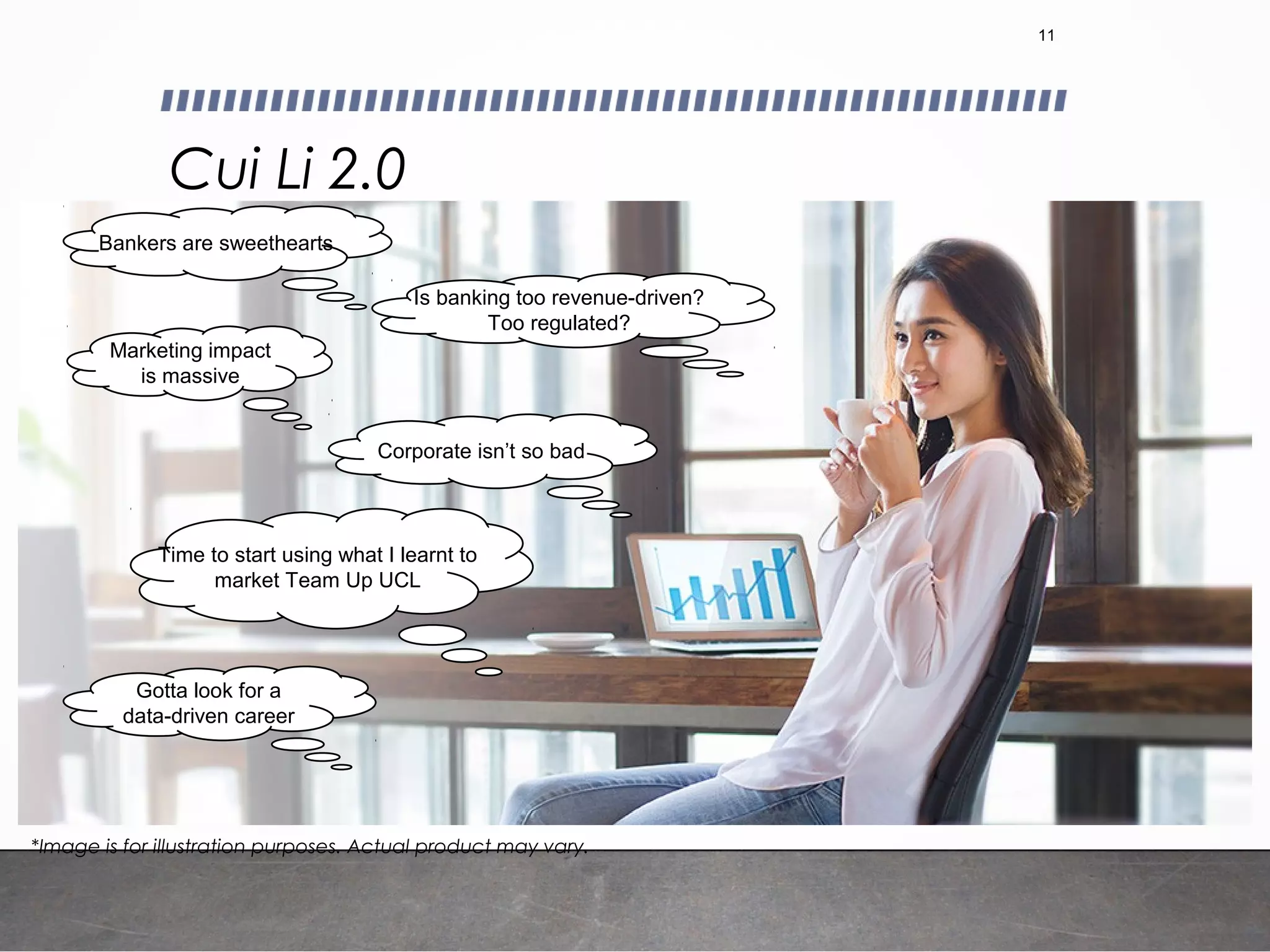 Cui Li 2.0
*Image is for illustration purposes. Actual product may vary.
11
Marketing impact
is massive
Corporate isn’t so bad
Bankers are sweethearts
Is banking too revenue-driven?
Too regulated?
Time to start using what I learnt to
market Team Up UCL
Gotta look for a
data-driven career
 