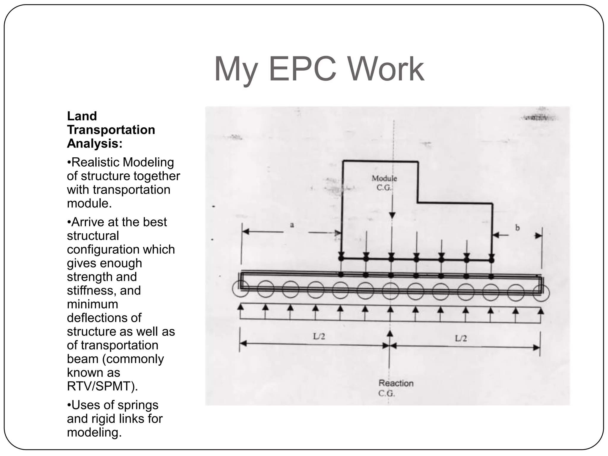My EPC Work
Land
Transportation
Analysis:
•Realistic Modeling
of structure together
with transportation
module.
•Arrive at the best
structural
configuration which
gives enough
strength and
stiffness, and
minimum
deflections of
structure as well as
of transportation
beam (commonly
known as
RTV/SPMT).
•Uses of springs
and rigid links for
modeling.
 
