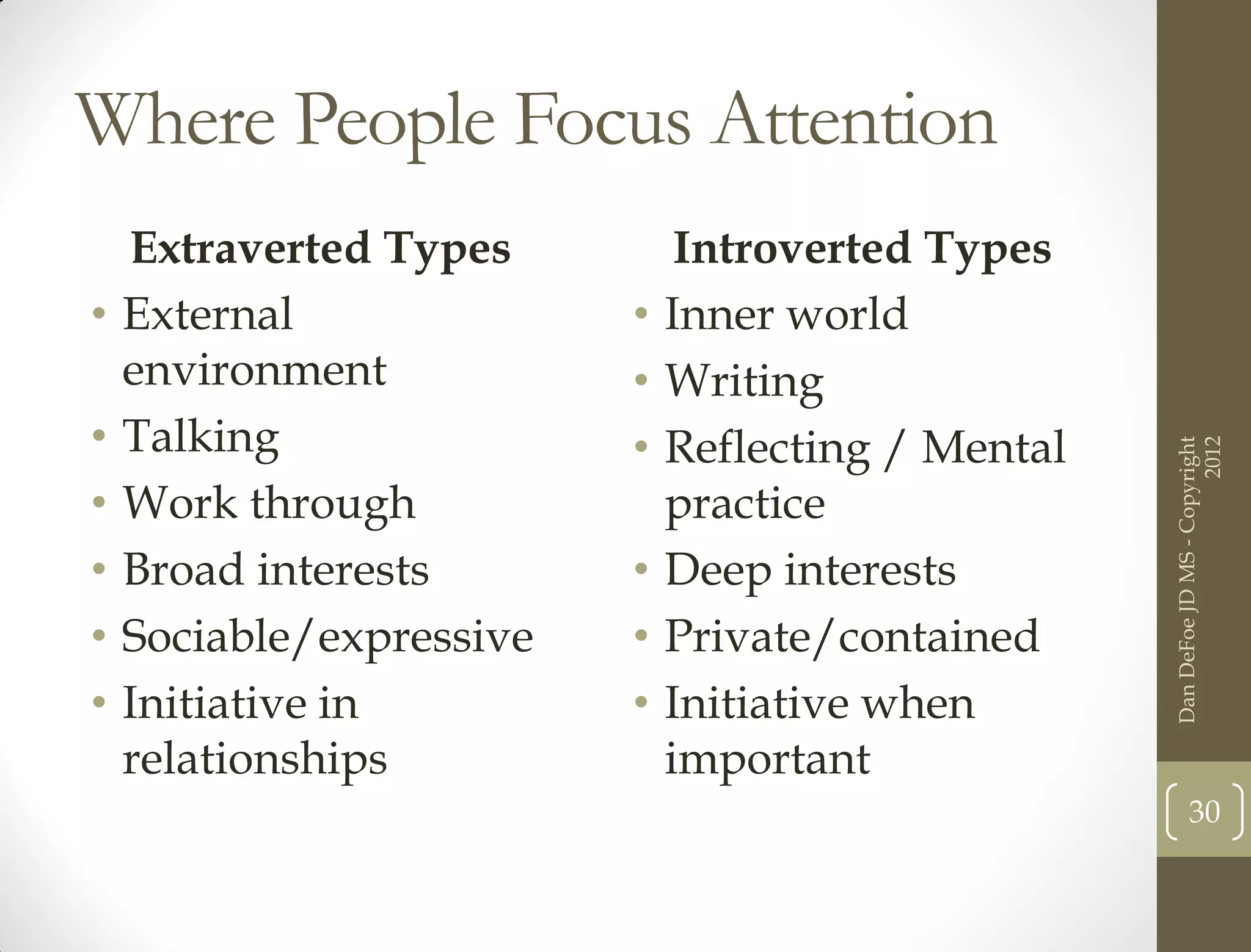 Where People Focus Attention
    Extraverted Types          Introverted Types
•   External              •   Inner world
    environment           •   Writing
•   Talking               •   Reflecting / Mental




                                                                          2012
                                                    Dan DeFoe JD MS - Copyright
•   Work through              practice
•   Broad interests       •   Deep interests
•   Sociable/expressive   •   Private/contained
•   Initiative in         •   Initiative when
    relationships             important
                                                           30
 