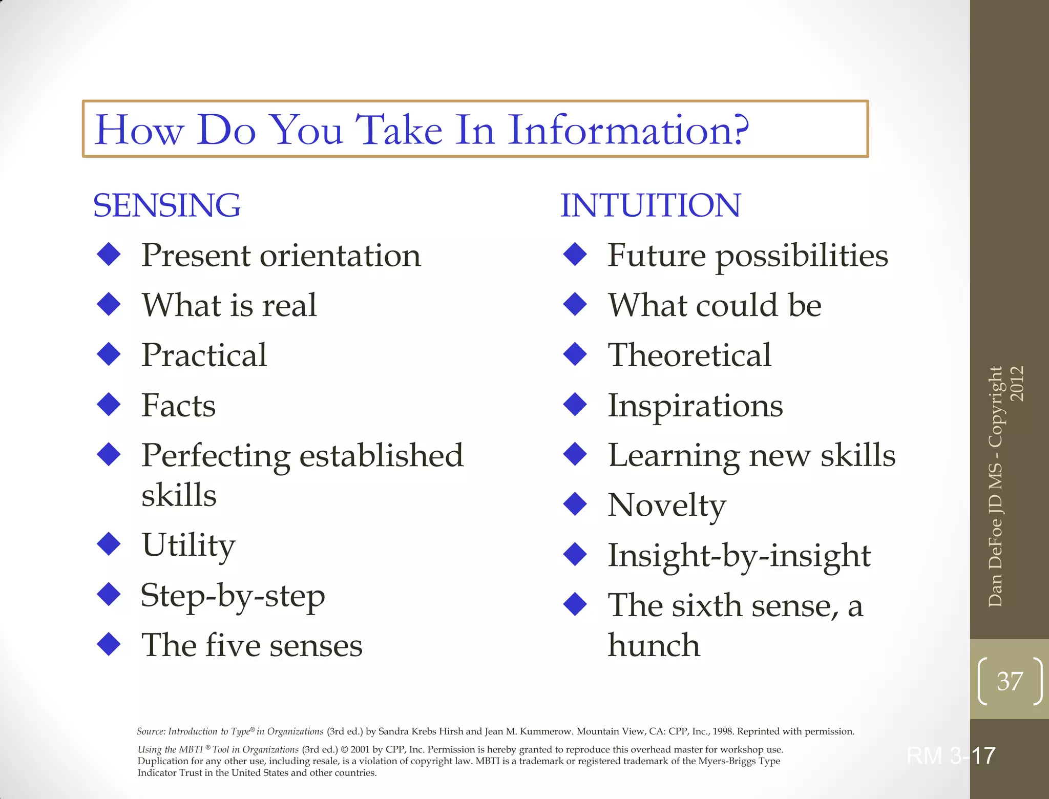 How Do You Take In Information?
SENSING                                                                                             INTUITION
 Present orientation                                                                                Future possibilities
 What is real                                                                                       What could be
 Practical                                                                                          Theoretical




                                                                                                                                                                                                    2012
                                                                                                                                                                              Dan DeFoe JD MS - Copyright
 Facts                                                                                              Inspirations
 Perfecting established                                                                             Learning new skills
  skills                                                                                             Novelty
 Utility                                                                                            Insight-by-insight
 Step-by-step                                                                                       The sixth sense, a
 The five senses                                                                                     hunch
                                                                                                                                                                                     37
  Source: Introduction to Type® in Organizations (3rd ed.) by Sandra Krebs Hirsh and Jean M. Kummerow. Mountain View, CA: CPP, Inc., 1998. Reprinted with permission.
  Using the MBTI ® Tool in Organizations (3rd ed.) © 2001 by CPP, Inc. Permission is hereby granted to reproduce this overhead master for workshop use.
  Duplication for any other use, including resale, is a violation of copyright law. MBTI is a trademark or registered trademark of the Myers-Briggs Type                RM 3-17
  Indicator Trust in the United States and other countries.
 