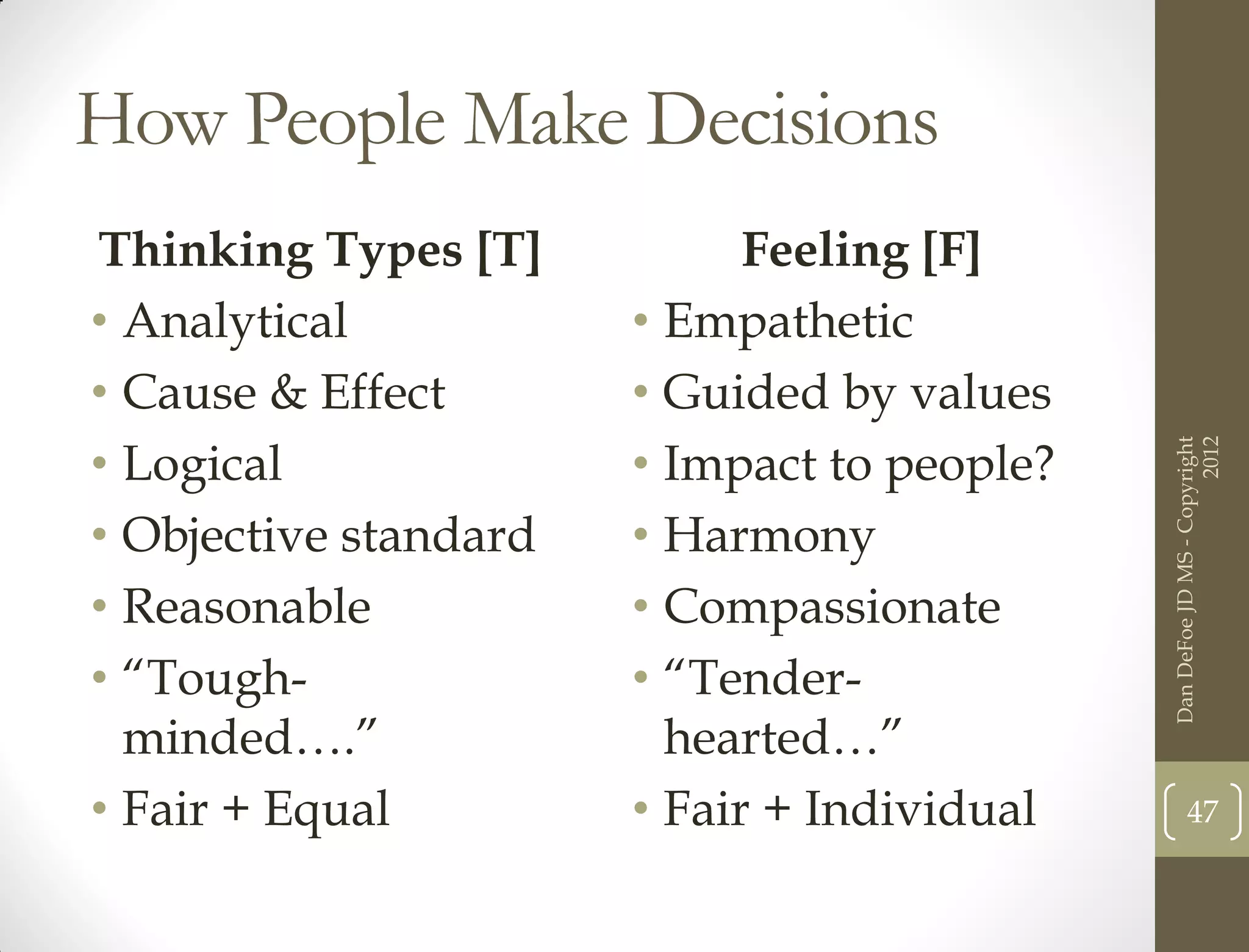 How People Make Decisions
Thinking Types [T]           Feeling [F]
• Analytical           • Empathetic
• Cause & Effect       • Guided by values
• Logical              • Impact to people?




                                                                   2012
                                             Dan DeFoe JD MS - Copyright
• Objective standard   • Harmony
• Reasonable           • Compassionate
• “Tough-              • “Tender-
  minded….”              hearted…”
• Fair + Equal         • Fair + Individual          47
 