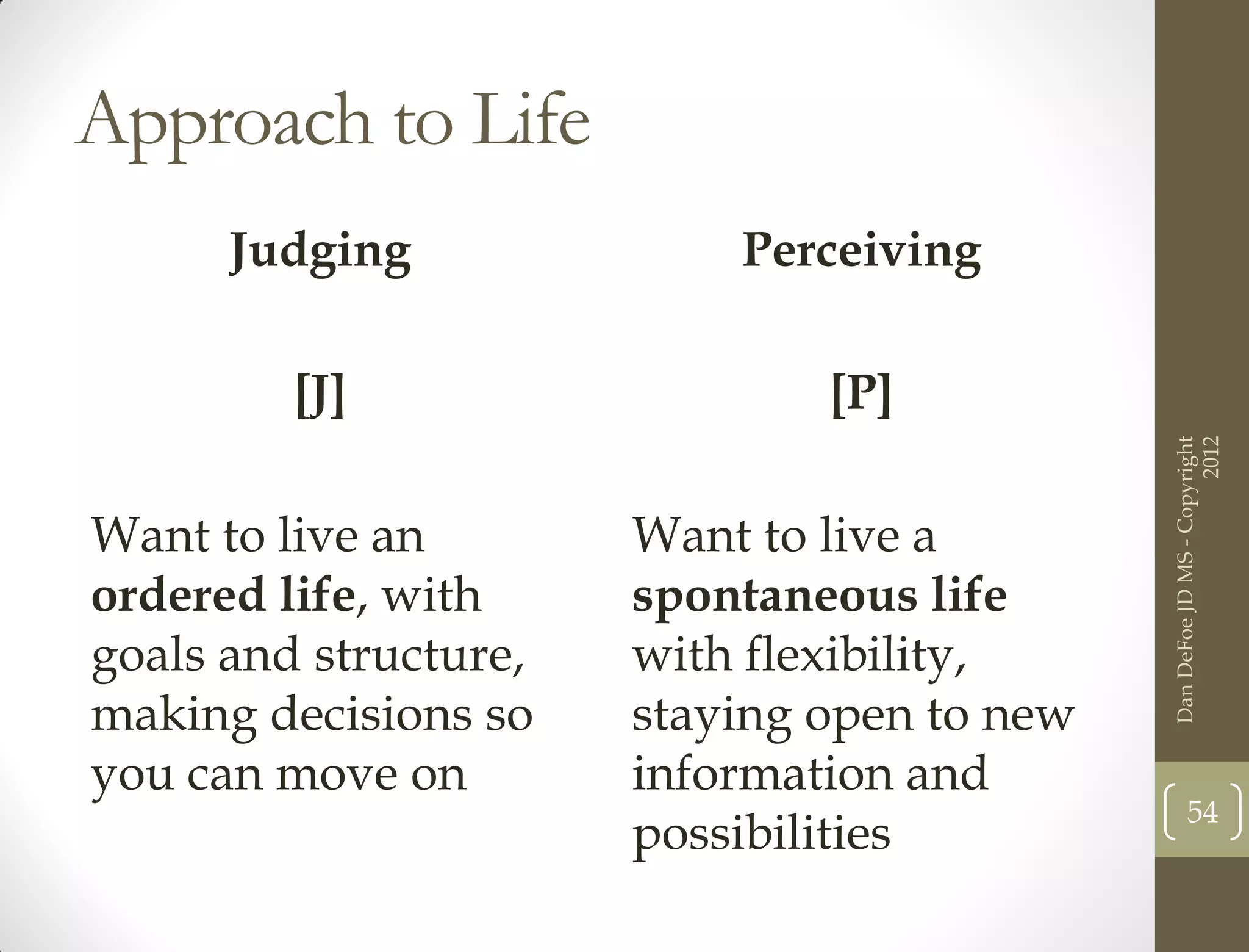 Approach to Life
      Judging              Perceiving

         [J]                   [P]




                                                                   2012
                                             Dan DeFoe JD MS - Copyright
Want to live an        Want to live a
ordered life, with     spontaneous life
goals and structure,   with flexibility,
making decisions so    staying open to new
you can move on        information and
                                                    54
                       possibilities
 