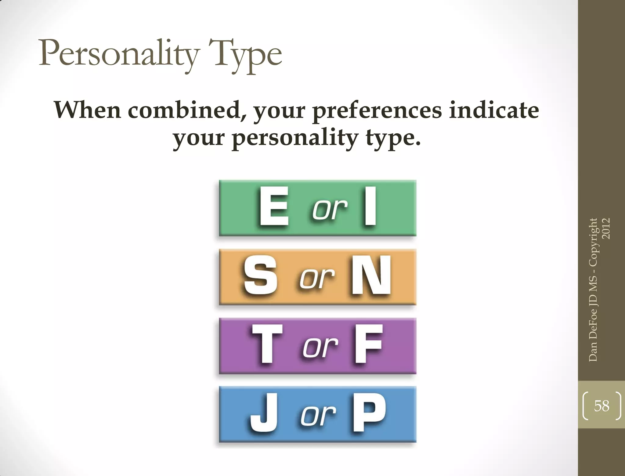 Personality Type
 When combined, your preferences indicate
         your personality type.




                                                                  2012
                                            Dan DeFoe JD MS - Copyright
                                                   58
 