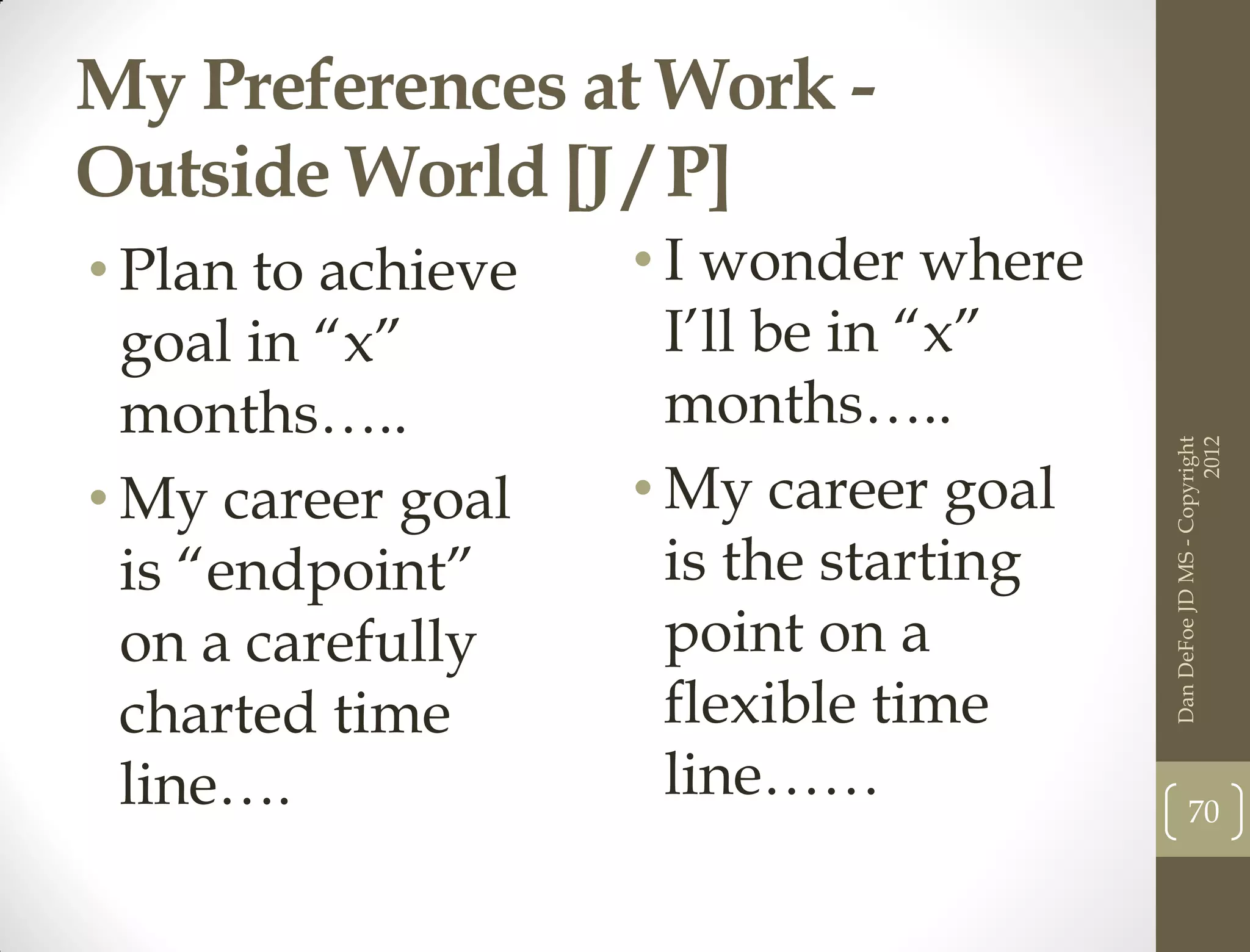 My Preferences at Work -
Outside World [J / P]
• Plan to achieve   • I wonder where
  goal in “x”         I’ll be in “x”
  months…..           months…..




                                                              2012
                                        Dan DeFoe JD MS - Copyright
• My career goal    • My career goal
  is “endpoint”       is the starting
  on a carefully      point on a
  charted time        flexible time
  line….              line……                   70
 