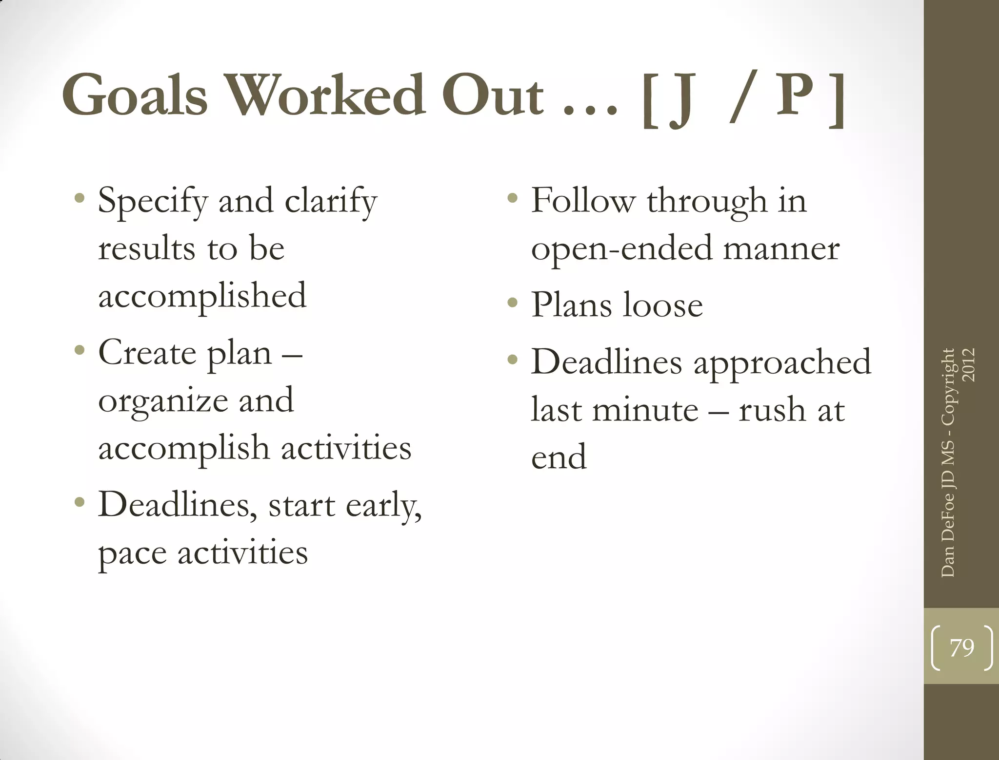 Goals Worked Out … [ J / P ]
• Specify and clarify       • Follow through in
  results to be               open-ended manner
  accomplished              • Plans loose
• Create plan –             • Deadlines approached




                                                                            2012
                                                      Dan DeFoe JD MS - Copyright
  organize and                last minute – rush at
  accomplish activities       end
• Deadlines, start early,
  pace activities

                                                             79
 