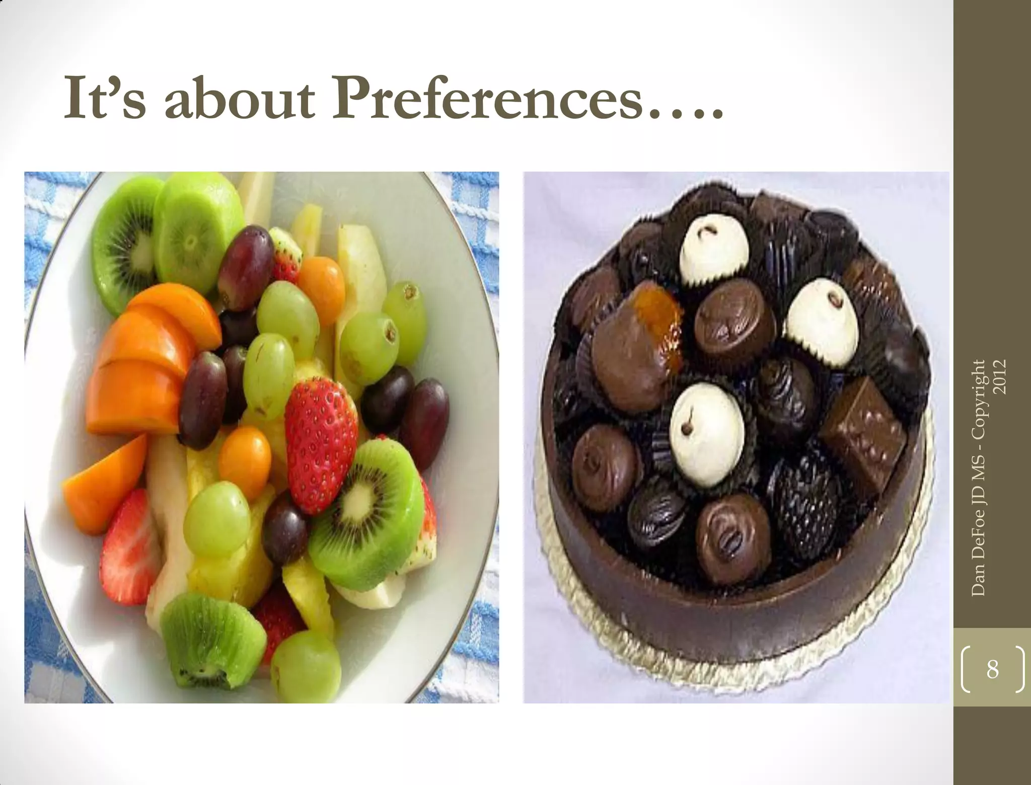 It’s about Preferences….




    Dan DeFoe JD MS - Copyright
8




                          2012
 