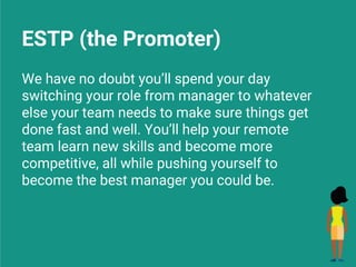 ESTP (the Promoter)
We have no doubt you’ll spend your day
switching your role from manager to whatever
else your team needs to make sure things get
done fast and well. You’ll help your remote
team learn new skills and become more
competitive, all while pushing yourself to
become the best manager you could be.
 