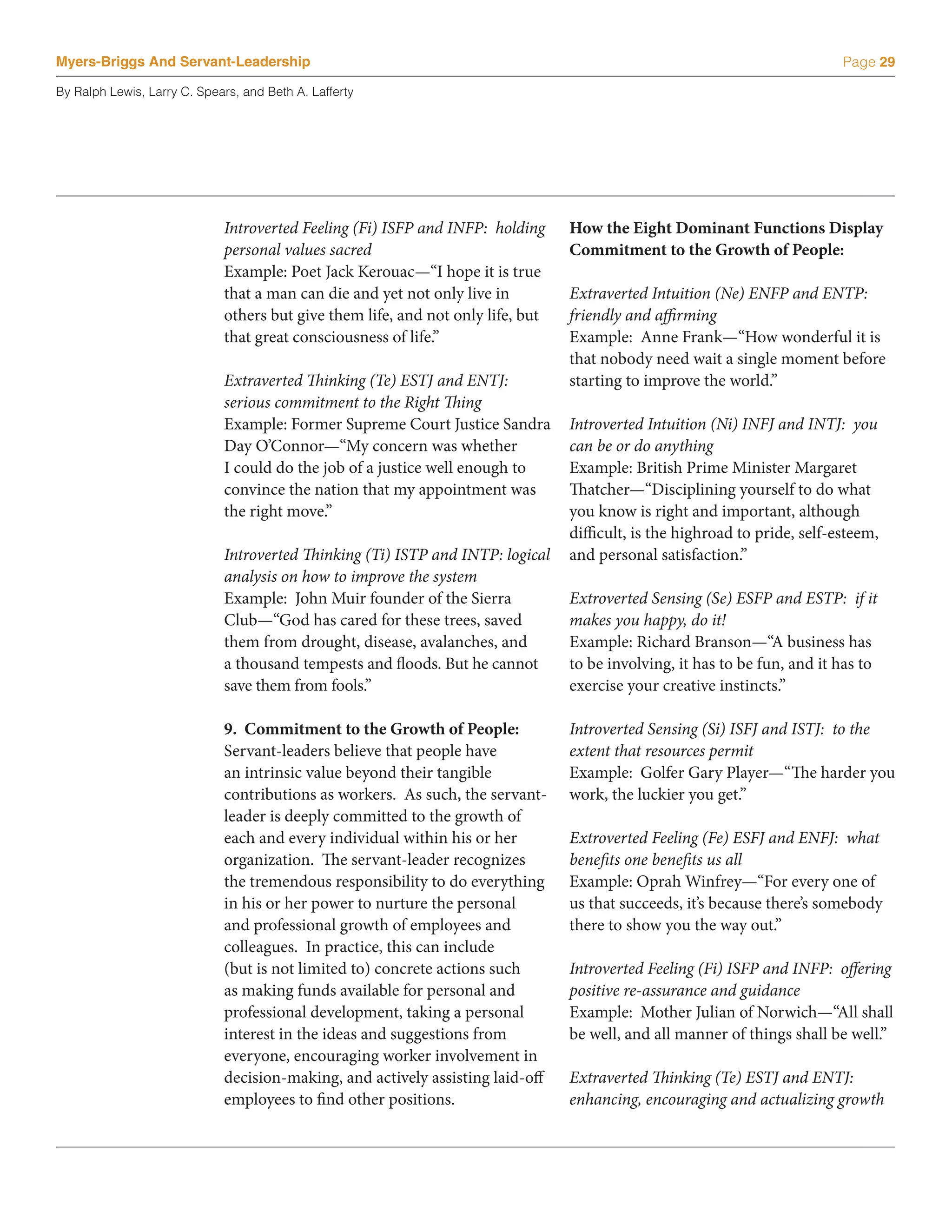 Myers-Briggs And Servant-Leadership                                                                                         Page 29

By Ralph Lewis, Larry C. Spears, and Beth A. Lafferty




                             Introverted Feeling (Fi) ISFP and INFP: holding     How the Eight Dominant Functions Display
                             personal values sacred                              Commitment to the Growth of People:
                             Example: Poet Jack Kerouac—“I hope it is true
                             that a man can die and yet not only live in         Extraverted Intuition (Ne) ENFP and ENTP:
                             others but give them life, and not only life, but   friendly and affirming
                             that great consciousness of life.”                  Example: Anne Frank—“How wonderful it is
                                                                                 that nobody need wait a single moment before
                             Extraverted Thinking (Te) ESTJ and ENTJ:            starting to improve the world.”
                             serious commitment to the Right Thing
                             Example: Former Supreme Court Justice Sandra        Introverted Intuition (Ni) INFJ and INTJ: you
                             Day O’Connor—“My concern was whether                can be or do anything
                             I could do the job of a justice well enough to      Example: British Prime Minister Margaret
                             convince the nation that my appointment was         Thatcher—“Disciplining yourself to do what
                             the right move.”                                    you know is right and important, although
                                                                                 difficult, is the highroad to pride, self-esteem,
                             Introverted Thinking (Ti) ISTP and INTP: logical    and personal satisfaction.”
                             analysis on how to improve the system
                             Example: John Muir founder of the Sierra            Extroverted Sensing (Se) ESFP and ESTP: if it
                             Club—“God has cared for these trees, saved          makes you happy, do it!
                             them from drought, disease, avalanches, and         Example: Richard Branson—“A business has
                             a thousand tempests and floods. But he cannot       to be involving, it has to be fun, and it has to
                             save them from fools.”                              exercise your creative instincts.”

                             9. Commitment to the Growth of People:              Introverted Sensing (Si) ISFJ and ISTJ: to the
                             Servant-leaders believe that people have            extent that resources permit
                             an intrinsic value beyond their tangible            Example: Golfer Gary Player—“The harder you
                             contributions as workers. As such, the servant-     work, the luckier you get.”
                             leader is deeply committed to the growth of
                             each and every individual within his or her         Extroverted Feeling (Fe) ESFJ and ENFJ: what
                             organization. The servant-leader recognizes         benefits one benefits us all
                             the tremendous responsibility to do everything      Example: Oprah Winfrey—“For every one of
                             in his or her power to nurture the personal         us that succeeds, it’s because there’s somebody
                             and professional growth of employees and            there to show you the way out.”
                             colleagues. In practice, this can include
                             (but is not limited to) concrete actions such       Introverted Feeling (Fi) ISFP and INFP: offering
                             as making funds available for personal and          positive re-assurance and guidance
                             professional development, taking a personal         Example: Mother Julian of Norwich—“All shall
                             interest in the ideas and suggestions from          be well, and all manner of things shall be well.”
                             everyone, encouraging worker involvement in
                             decision-making, and actively assisting laid-off    Extraverted Thinking (Te) ESTJ and ENTJ:
                             employees to find other positions.                  enhancing, encouraging and actualizing growth
 