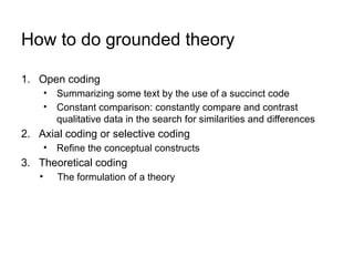 How to do grounded theory
1. Open coding
• Summarizing some text by the use of a succinct code
• Constant comparison: constantly compare and contrast
qualitative data in the search for similarities and differences
2. Axial coding or selective coding
• Refine the conceptual constructs
3. Theoretical coding
• The formulation of a theory
 