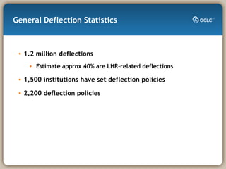 General Deflection Statistics 1.2 million deflections Estimate approx 40% are LHR-related deflections 1,500 institutions have set deflection policies 2,200 deflection policies 