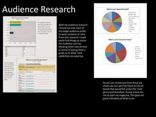 Audience Research
With my audience research
I found out that most of
my target audience prefer
to wear converse or vans.
From this research I could
easily find things to entice
the audience such as;
showing them new arrivals
at stores or giving them a
guide as to what ‘rock’
celebrities are wearing.

As you can clearly see from these pie
charts we can see that there are lot of
bands that would fall under the ‘rock’
genre and therefore I found a base for
me to start my magazine. This gave me
good indication of what to do.

 