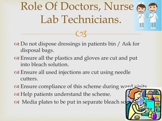 
 Do not dispose dressings in patients bin / Ask for
disposal bags.
 Ensure all the plastics and gloves are cut and put
into bleach solution.
 Ensure all used injections are cut using needle
cutters.
 Ensure compliance of this scheme during ward visits
 Help patients understand the scheme.
 Media plates to be put in separate bleach solution.
Role Of Doctors, Nurses,
Lab Technicians.
 