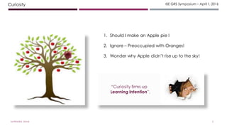 ISE GRS Symposium – April 1, 2016
1. Should I make an Apple pie !
2. Ignore – Preoccupied with Oranges!
3. Wonder why Apple didn’t rise up to the sky!
Curiosity
“Curiosity firms up
Learning Intention”.
2SATYENDRA RANA
 